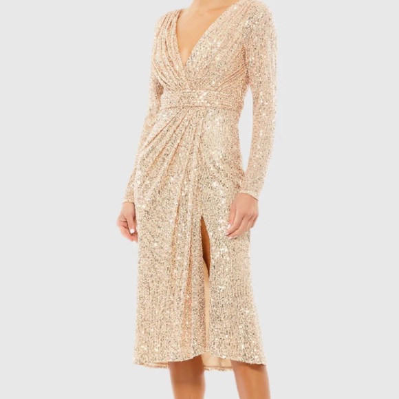 Stunning NWT MAC DUGGAL Sequined Long Sleeve Midi Dress Sz 14 - Picture 2 of 13